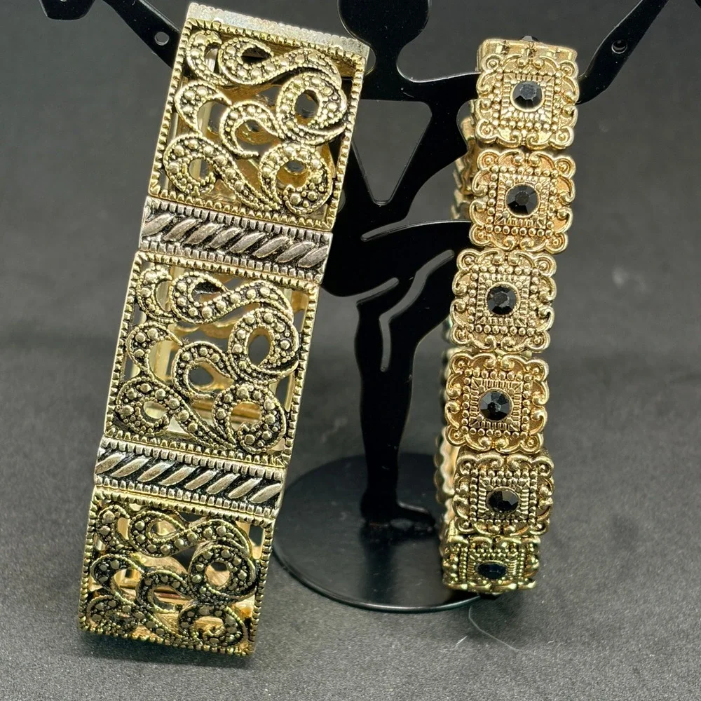 TWO Vintage Gold Tone Black Rhinestone Filigree Panel Stretch Bracelets Art Deco